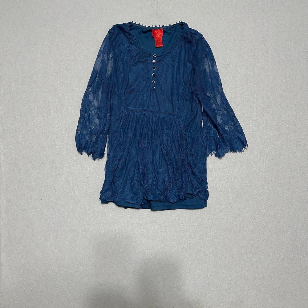 V Cristina Blue Floral Lace Tunic Top 3/4 Bell Sleeve Mesh Overlay Womens Medium